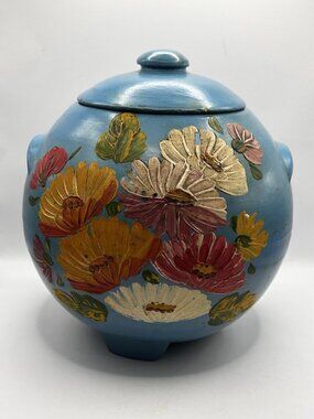 Vtg Ransburg Hand Painted Floral Round Planter/Cookie Jar Blue Cottage Farmhouse